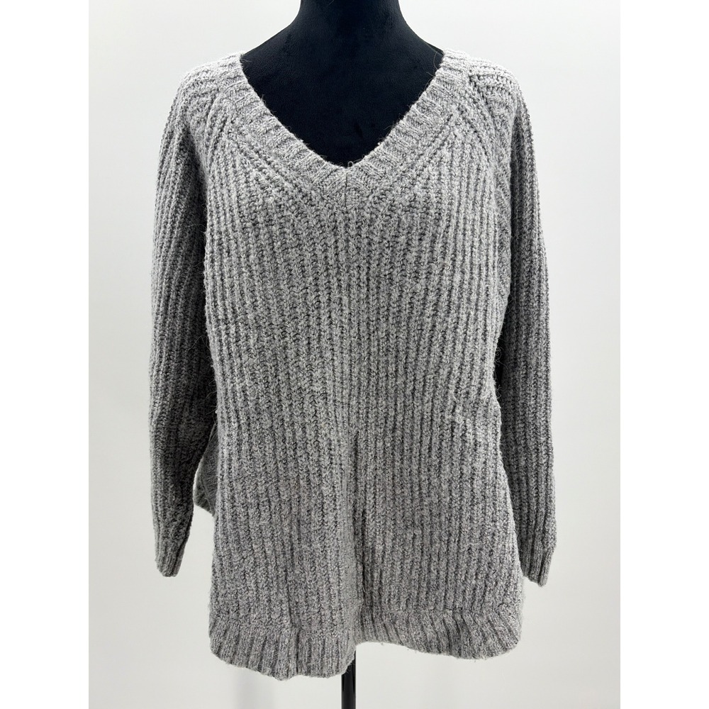 Lou & Grey Womens XS Gray Chunky Ribbed V-Neck Oversized High-Low Sweater 446737